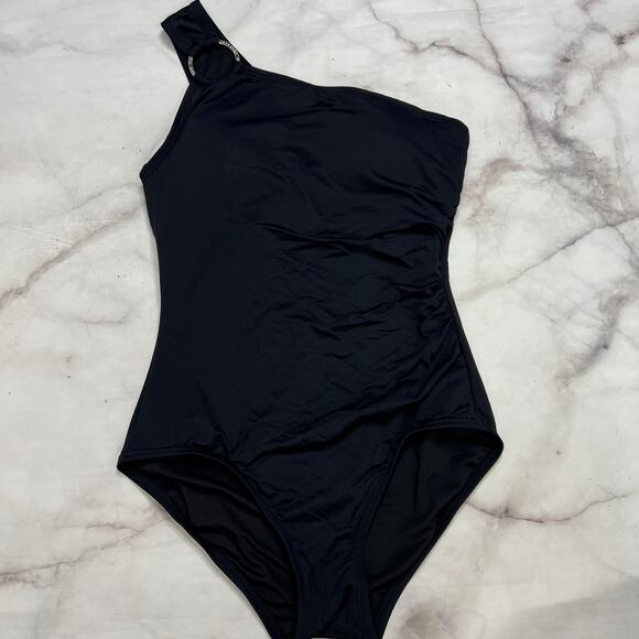 Michael Kors One Shoulder Swimsuit Size 8 Black Logo Ring Shirred *Damaged* New - Picture 1 of 7
